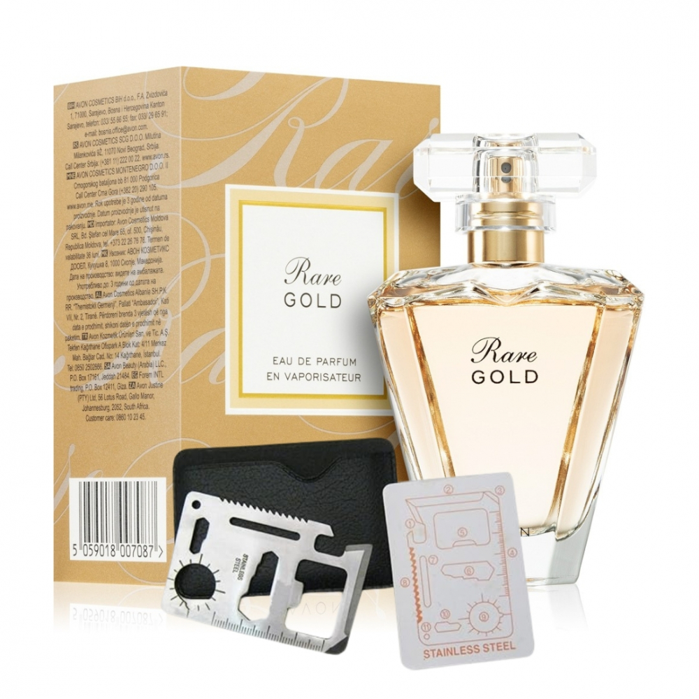 Set apa de parfum Rare Gold 50 ml si card multifunctional Dactylion, de supravietuire, otel inoxidabil