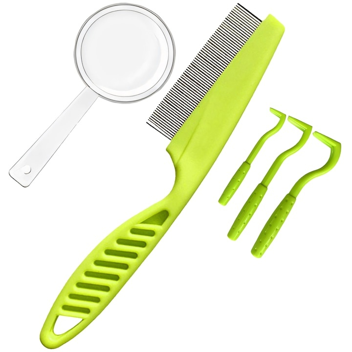 Kit pentru indepartarea capuselor, 7 piese, carlige, pensete, lupa, pieptene, carcasa depozitare [2]