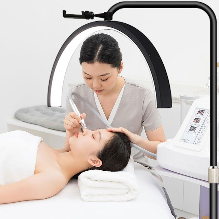 Lampa cosmetica tip semiluna, LED, 40 W, 2500 lm, 320 LED-uri, lumina calda/rece/neutra, inaltime 139-184 cm, negru [10]