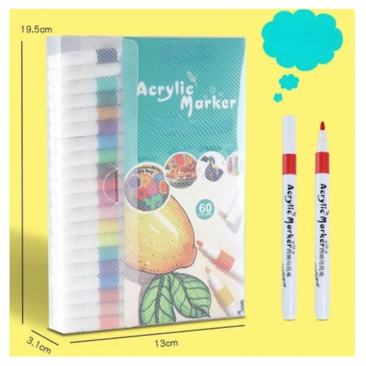 Set 60 markere acrilice, pentru hartie, sticla, piatra, lemn, panza, textile, uscare rapida, multicolor [8]