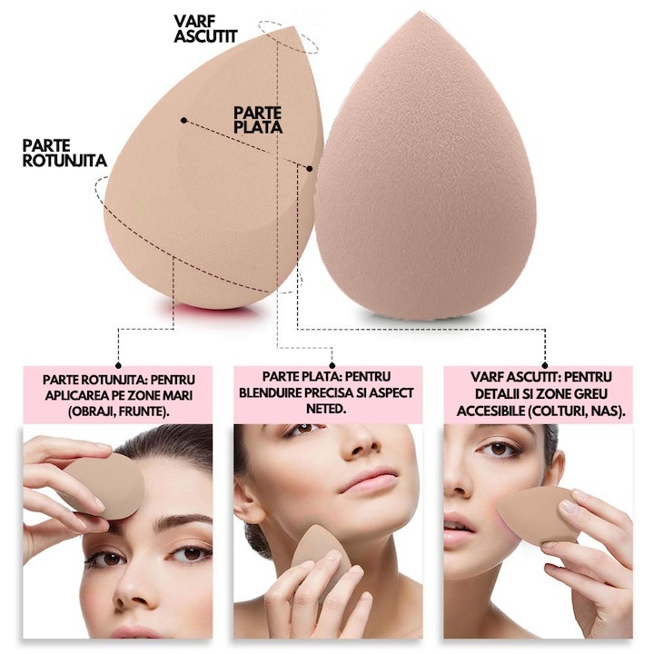 Set bureti machiaj, 3 bucati, forme diferite, tip beauty blender, pentru aplicarea uniforma a fondului de ten si corectorului, bej [11]