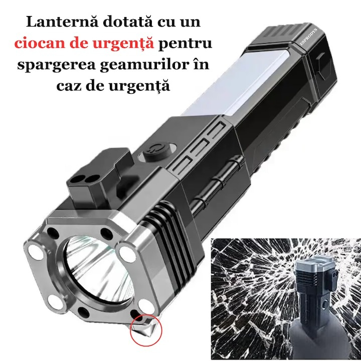 Lanterna multifunctionala, magnetica, ciocan de siguranta, baterie reincarcabila, cablu de incarcare USB inclus [2]
