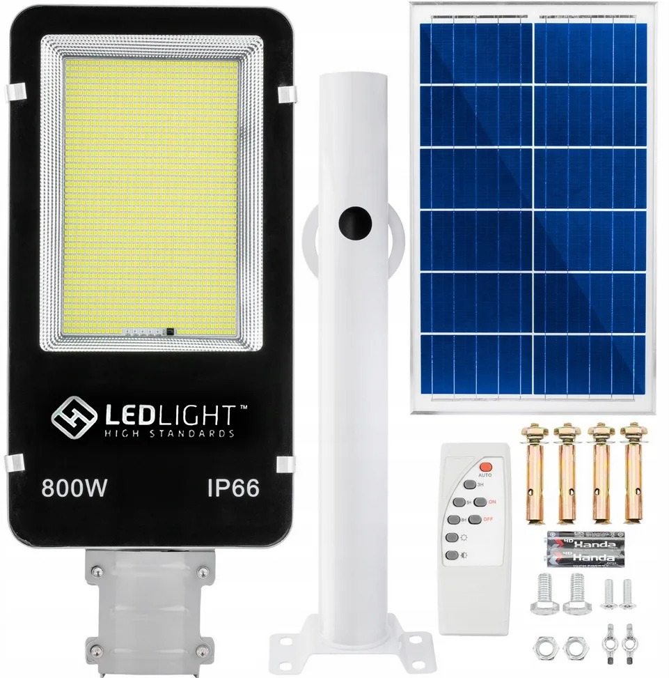 Lampa solara, putere 800 W, 500 LED-uri, suport pentru perete, stalp, complet rezistenta la fenomene meteo (protectie IP66), telecomanda inclusa, negru [2]