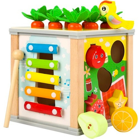Cub educativ pentru copii, 6 in 1, diverse activitati, lemn, 16 x 15.5 x 15.5 cm, multicolor