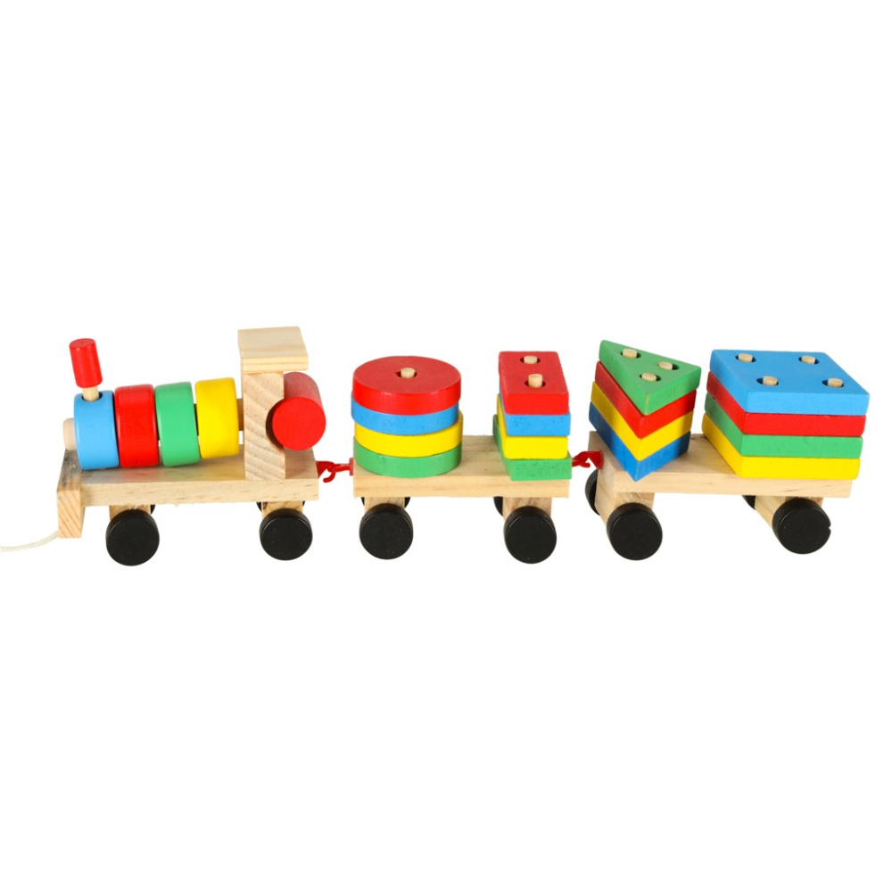 Trenulet de jucarie, locomotiva cu 2 vagoane, lemn, forme geometrice, 30 x 9 x 6 cm, multicolor [10]