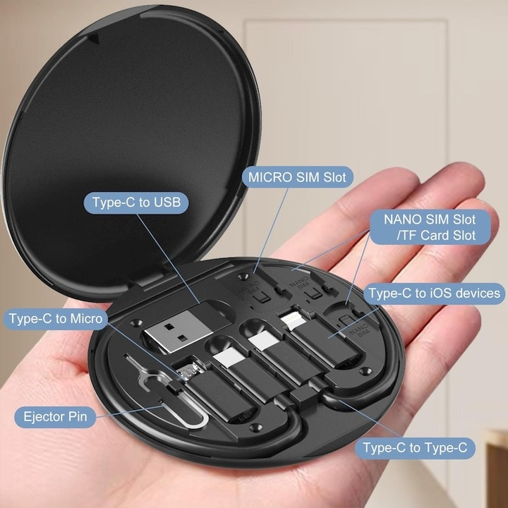 Set cabluri de date multifunctionale, adaptoare USB-C/Tip Lightning/USB-A/Micro-USB, portabil, negru [4]