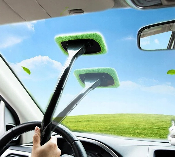 Stergator auto pentru parbriz, geamuri, din microfibra si plastic, laveta detasabila, maner ergonomic, verde [5]