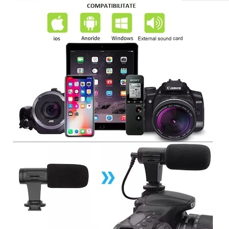 Microfon profesional pentru vlogging, compatibil smartphone sau aparat foto DSRL, jack 3.5 mm [6]
