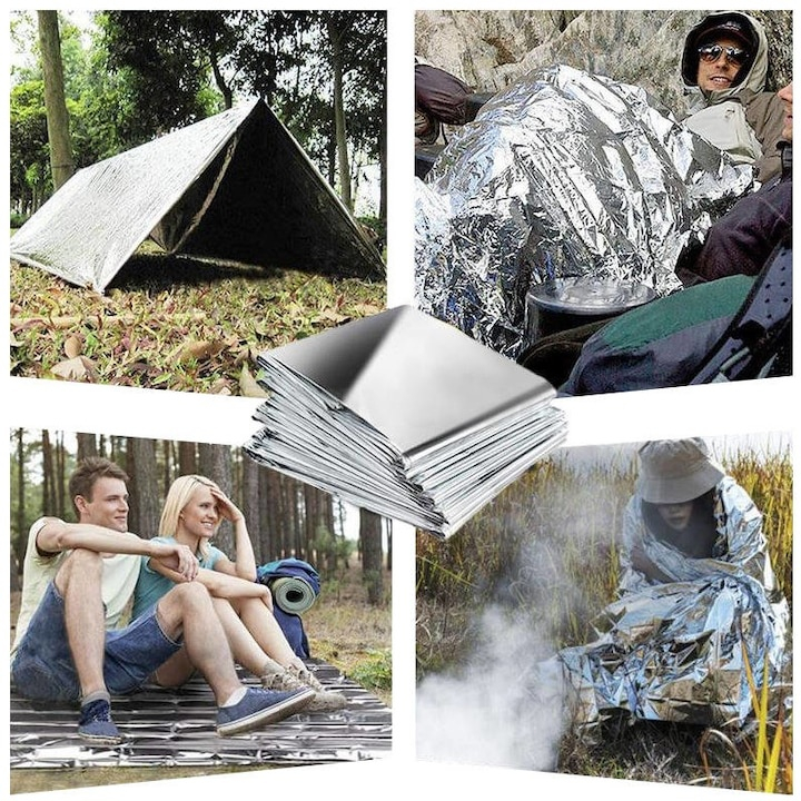 Patura termica, pentru supravietuire, impermeabila, camping, drumetii, 160 x 210 cm, argintiu [14]
