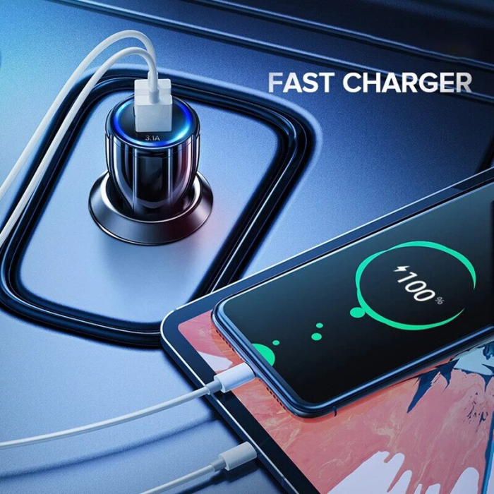 Kit incarcator auto 20W, 12-24V 1x USB,1x type C + cablu incarcare Type C-C 1 m - Alb [4]