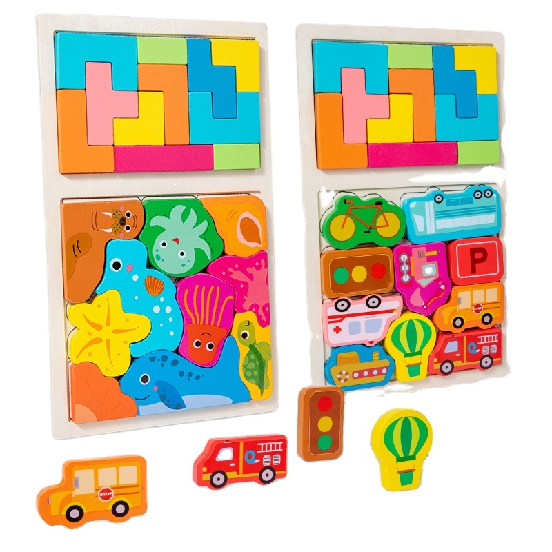 Joc tetris pentru copii, puzzle educativ, masini, lemn, 21 piese, Montessori, multicolor, 28.5 x 17 x 1.2 cm [6]