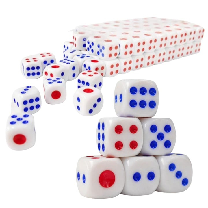 Set 50 zaruri albe cu puncte albastre si rosii, 13 mm, pentru jocuri de societate sau jocuri de noroc [7]
