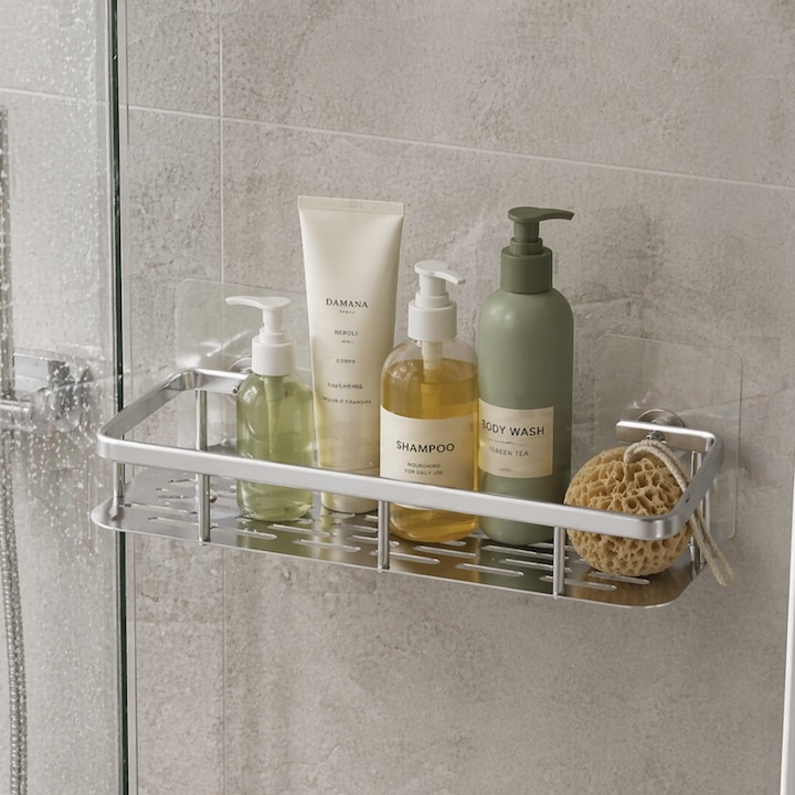 Set 2 rafturi autoadezive, pentru baie si bucatarie, design minimalist, otel inoxidabil, 30.5 x 13 x 5.5 cm, argintiu [7]