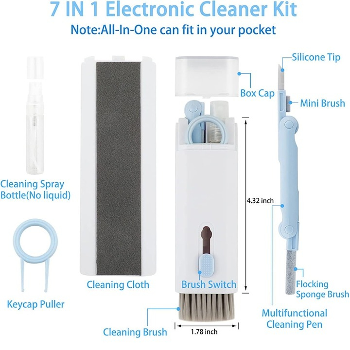 Kit de curatare multifunctional, 7 in 1, pentru tastatura, laptop, telefon, casti, albastru [8]