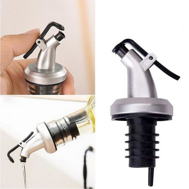 Dop cu picurator pentru sticle de alcool, otet, ulei, 8.5 x 3 cm, plastic/cauciuc, negru/argintiu [8]
