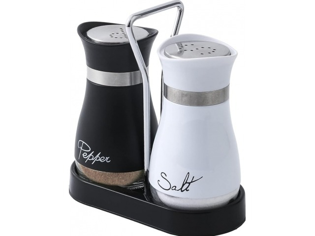Set 2 recipiente pentru sare/piper, otel inoxidabil si sticla, 16 x 8 x 15 cm, alb/negru [2]
