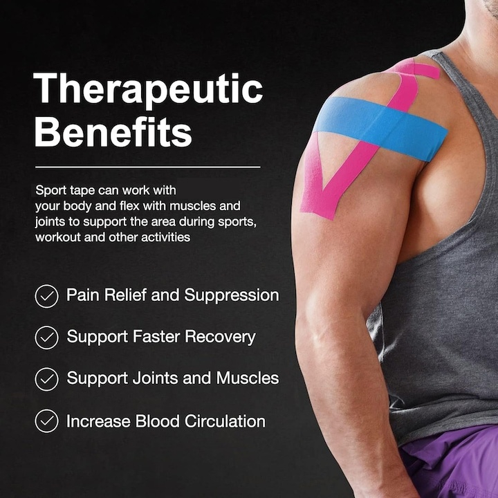 Set 4 benzi kinesiologice, bumbac, impermeabile, sustinere si protectie, ameliorarea durerii, pentru sportivi, elastice, respirabile, 5 m x 5 cm, multicolor [14]