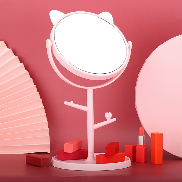 Oglinda cosmetica, model cu urechi, rotativa 360°, diametru 15 cm, plastic, suport pentru bijuterii, 30 x 16.5 cm, alb/roz [12]