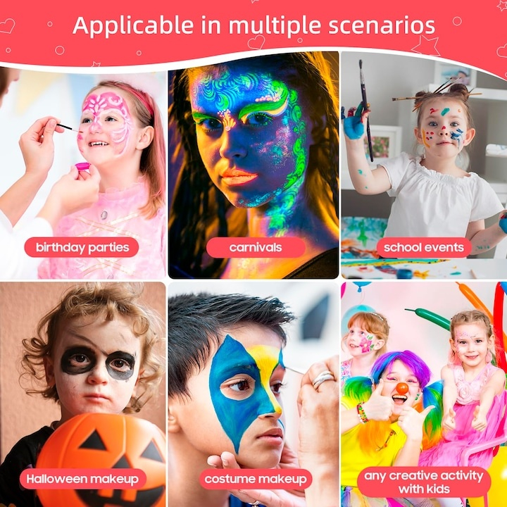 Paleta vopsea pentru fata si corp, 42 culori, fosforescente, non-toxic, activare cu apa, multicolor, 20 x 14 x 1.6 cm [10]