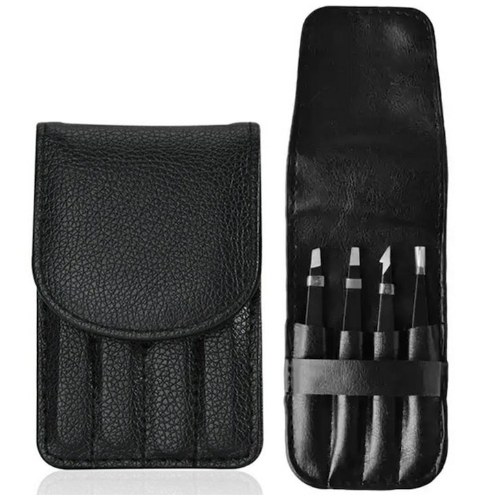 Set 4 pensete multifunctionale, diferite forme, pentru gene, sprancene, inox, husa din piele ecologica inclusa [2]