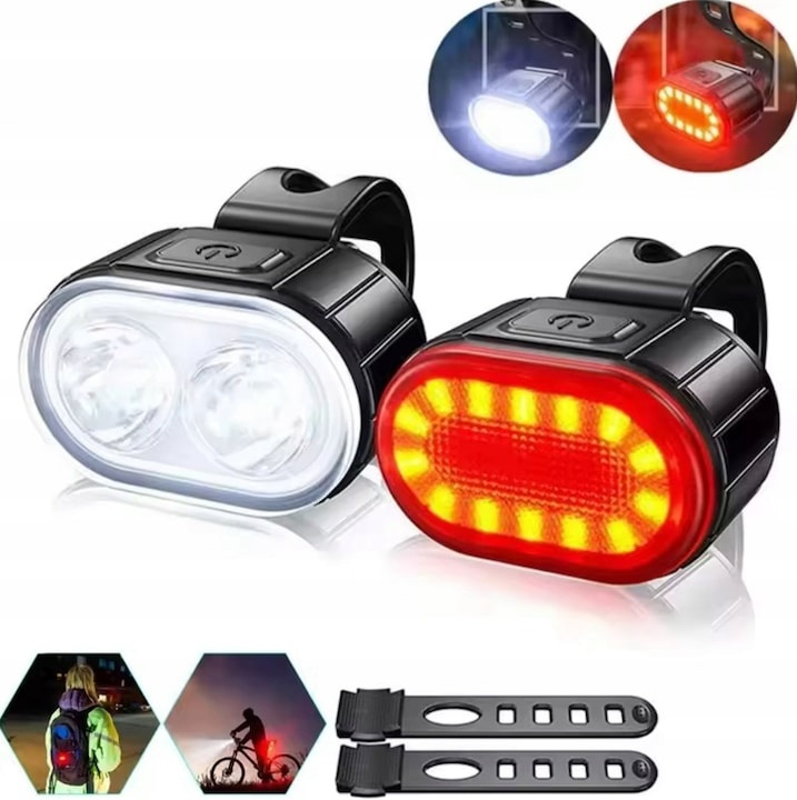 Set 2 lumini LED pentru bicicleta, far si stop, reincarcabile USB, 4 moduri iluminare, protectie IPX4, 4.3 x 2.7 cm [6]