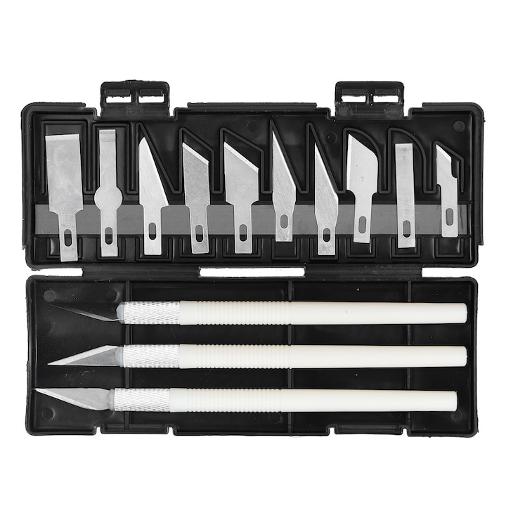 Set 13 cutite pentru modelare, de precizie, lame interschimbabile, plastic/otel inoxidabil, 15.5 cm, cutie depozitare, negru [5]