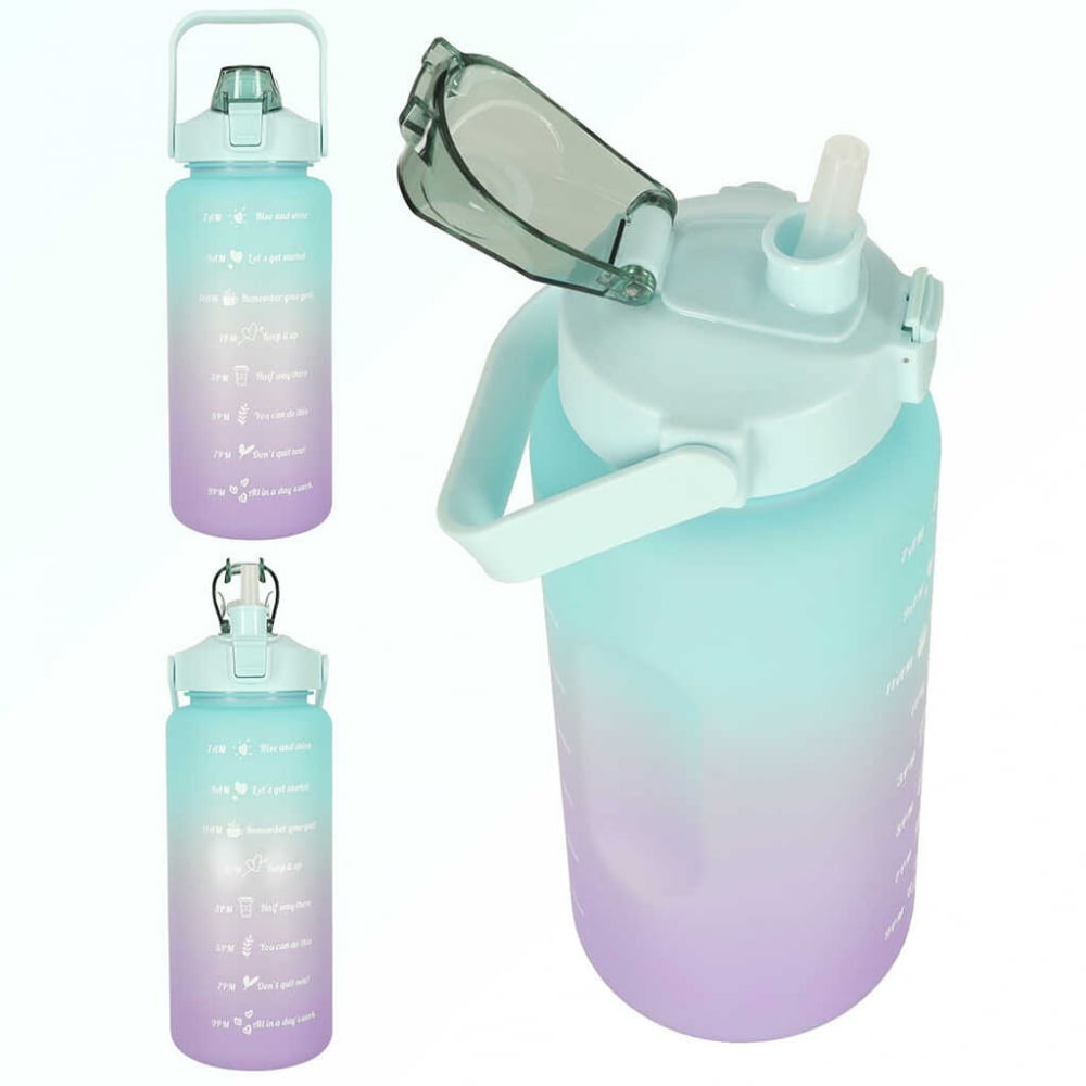 Set 3 sticle de apa, cu pai, 2000 ml / 900 ml / 300 ml, pentru sport, fara BPA, albastru/mov [5]