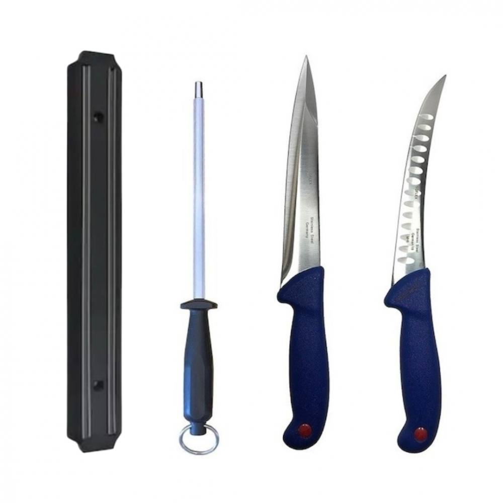 Set cutite profesionale de macelarie, injunghiat, transat, filetat, dezosat, suport magnetic, masat pentru ascutit, 2 cutite