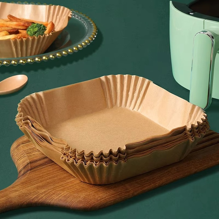 Set 100 hartii de copt pentru air fryer, cuptor, de unica folosinta, antiderapante, forma patrata, 16 x 16 cm, maro [3]