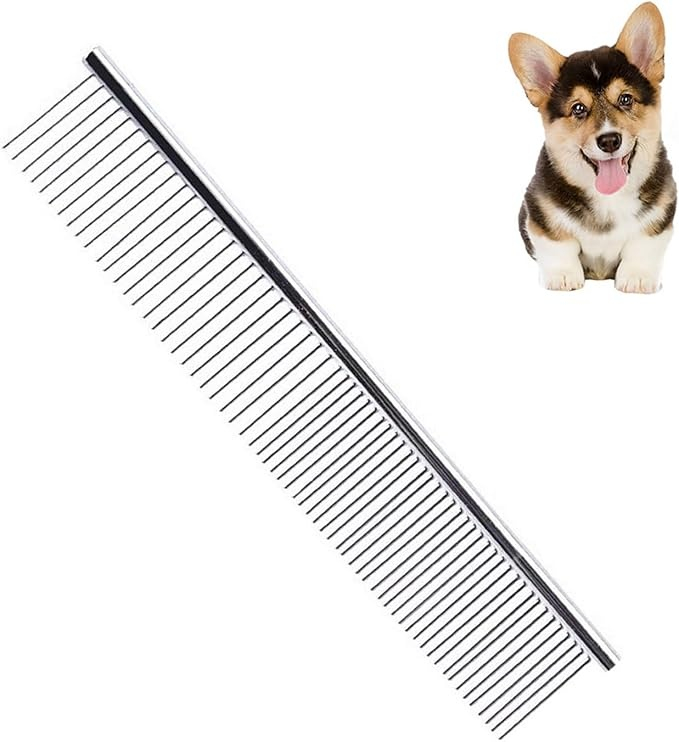 Pieptene pentru caini si pisici, ingrijirea blanii, otel inoxidabil, 2 tipuri de dinti, varfuri rotunjite, 16.5 x 3 cm, argintiu [15]