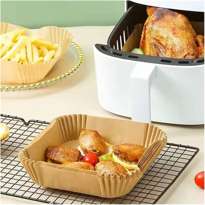 Set 100 hartii de copt pentru air fryer, cuptor, de unica folosinta, antiderapante, forma patrata, 16 x 16 cm, maro [7]