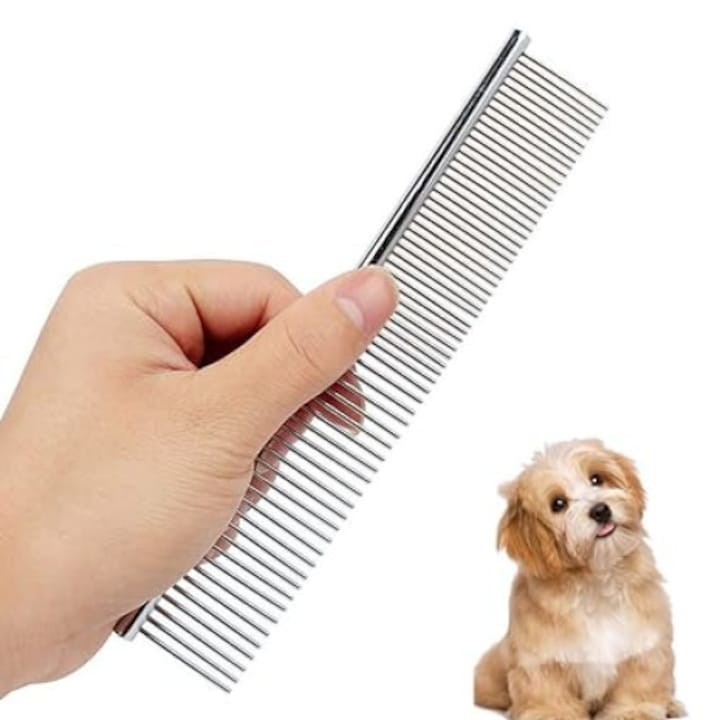 Pieptene pentru caini si pisici, ingrijirea blanii, otel inoxidabil, 2 tipuri de dinti, varfuri rotunjite, 16.5 x 3 cm, argintiu [11]