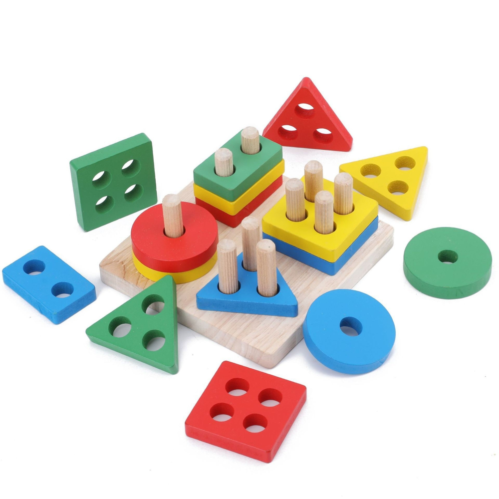 Jucarie educativa pentru copii, Montessori, sortare forme geometrice, 16 piese, 3+ ani, lemn, 12 x 12 x 5 cm, multicolor [4]