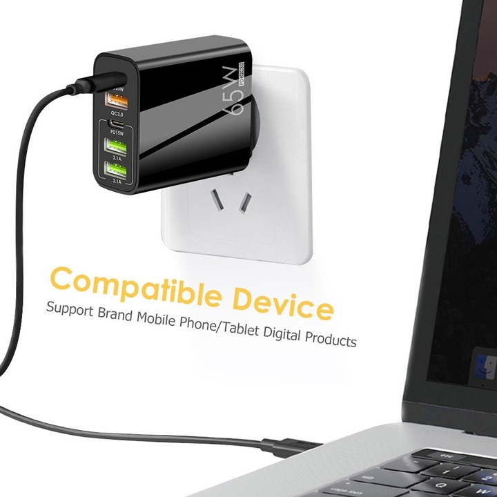 Incarcator cu 5 porturi, 2 x Type-C, 3 x USB, incarcare rapida, 65 W, universal, negru [3]