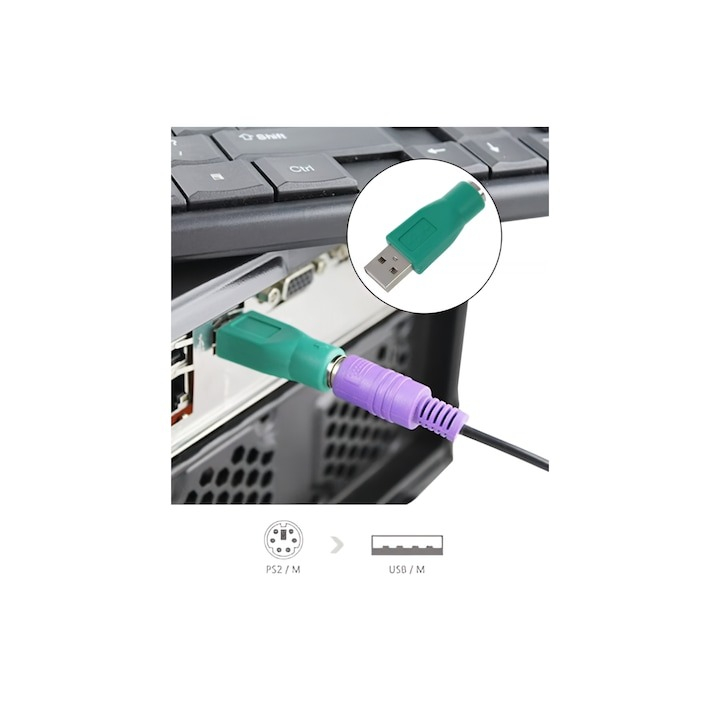 Adaptor PS2 mama - USB tata, pentru mouse/tastatura, verde [4]