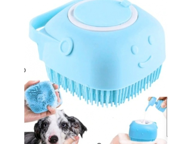 Perie multifunctionala pentru spalarea animalelor de companie, cu rezervor pentru sampon, silicon moale, masaj si ingrijire blana, pentru caini si pisici, 8 x 8.5 x 5 cm, turcoaz [14]