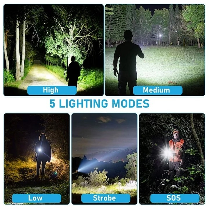 Lanterna tactica LED, 5 moduri de iluminare, pentru vanatoare, camping, rezistenta la apa, negru [3]