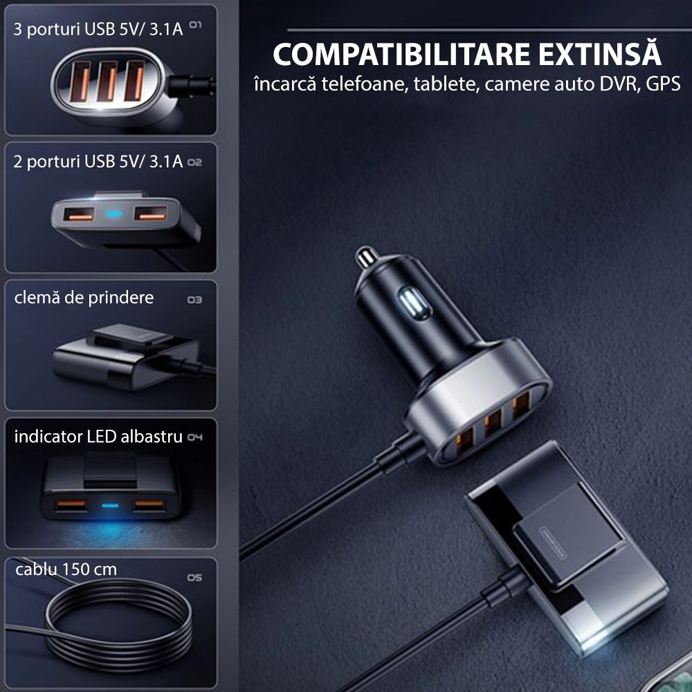 Incarcator auto, 5 x USB, 1.5 m cablu, universal, negru [2]