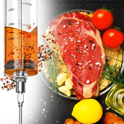 Seringa pentru injectare carne, 3 ace diferite, capacitate 50 ml, reutilizabila, gradata, plastic, otel inoxidabil, 7.7 x 23 x 3.5 cm, gri [10]