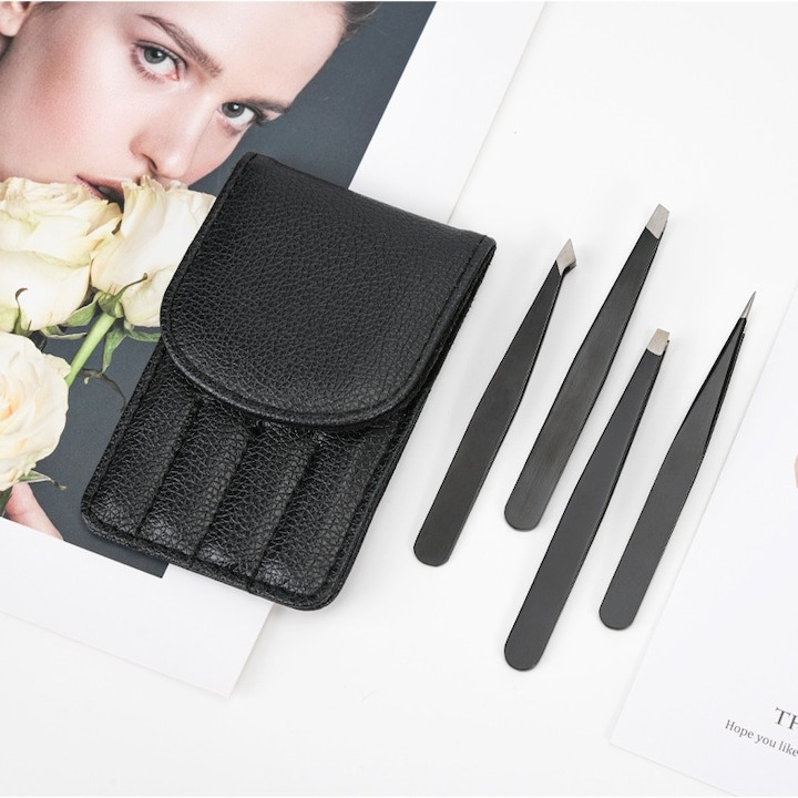 Set 4 pensete multifunctionale, diferite forme, pentru gene, sprancene, inox, husa din piele ecologica inclusa [8]