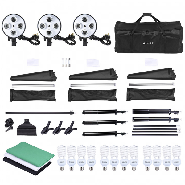 Kit studio foto, 3 lumini softbox, suport fundal 2x3m, 12x bec 45W, 3 panze fundal multicolore si geanta transport [2]