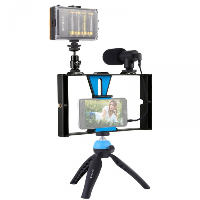 Kit vlogging profesional,trepied,suport telefon,microfon,mini panou LED - Albastru [2]