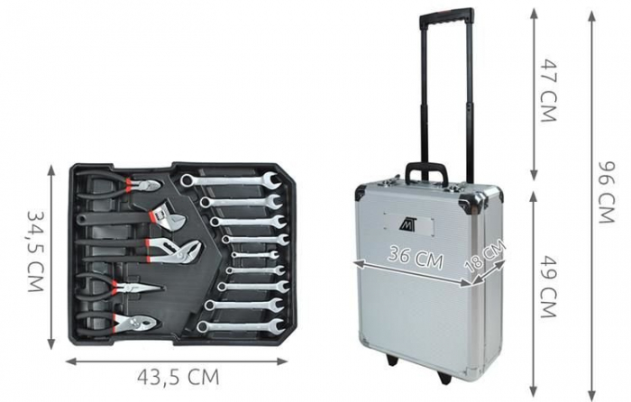 Trusa de scule din aluminiu, tip troler, usor de transportat cu 187 piese - Gri [8]