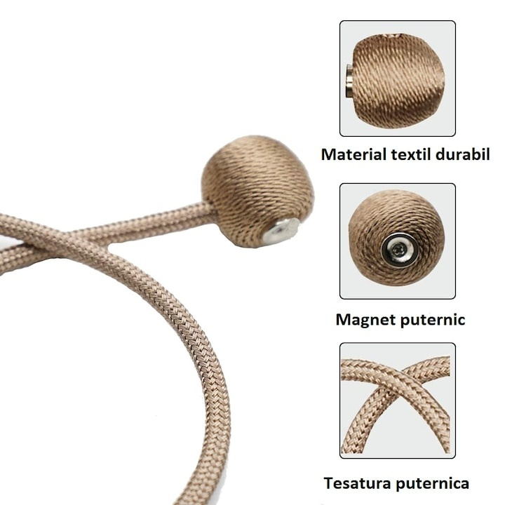 Accesoriu magnetic pentru perdele si draperii, snur textil impletit, 44 cm, bej antichizat [4]