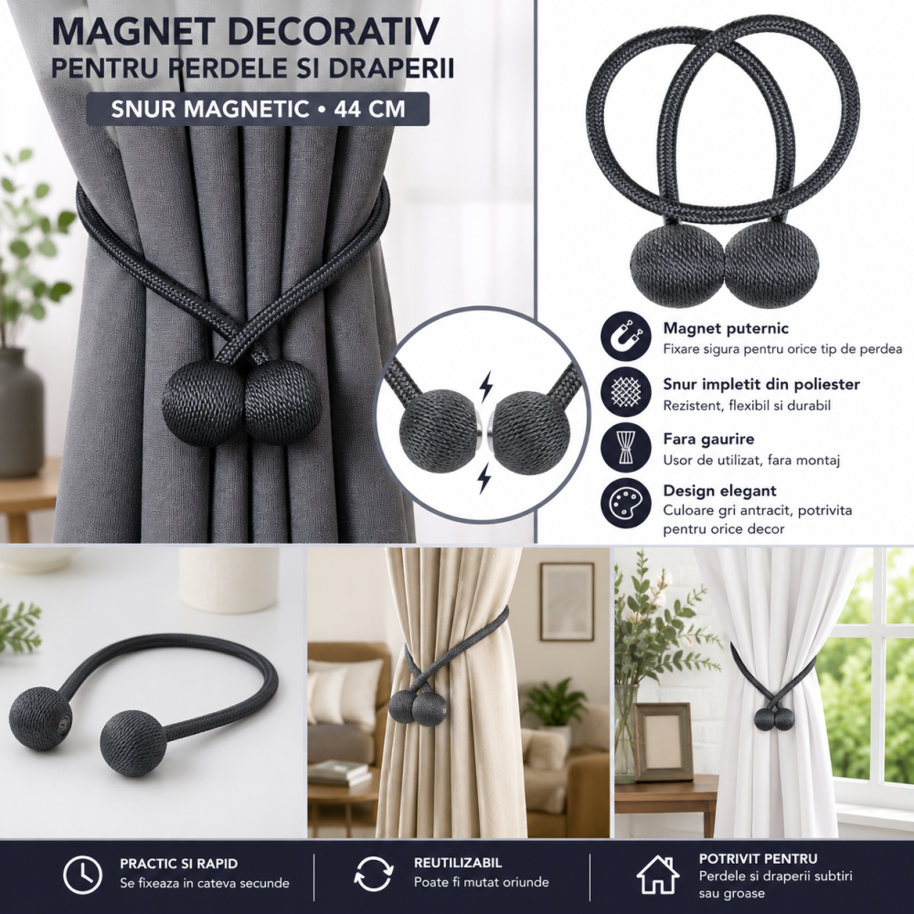 Accesoriu magnetic pentru perdele, snur textil impletit, 44 cm, gri antracit [2]