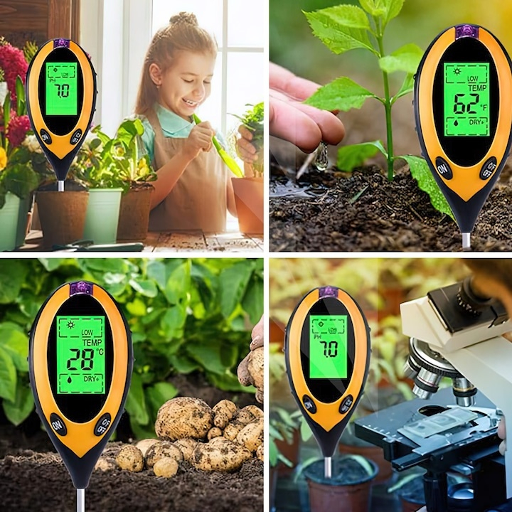 Acid meter tester de pH pentru sol horticole, masurare temperatura, umiditate si lumina, afisaj iluminat, sonda 20 cm, galben [11]