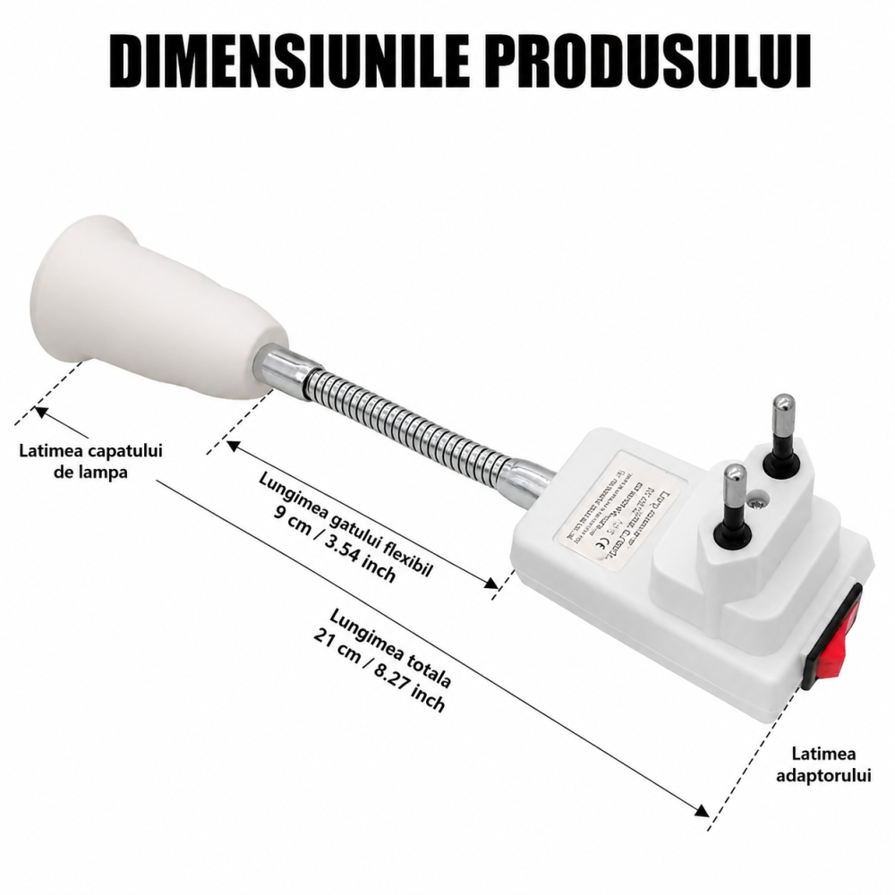Adaptor alb 21 cm pentru dulie E27, brat flexibil 9 cm rotativ 360°, stecher european si intrerupator Pornit/Oprit, suport bec pentru priza [7]