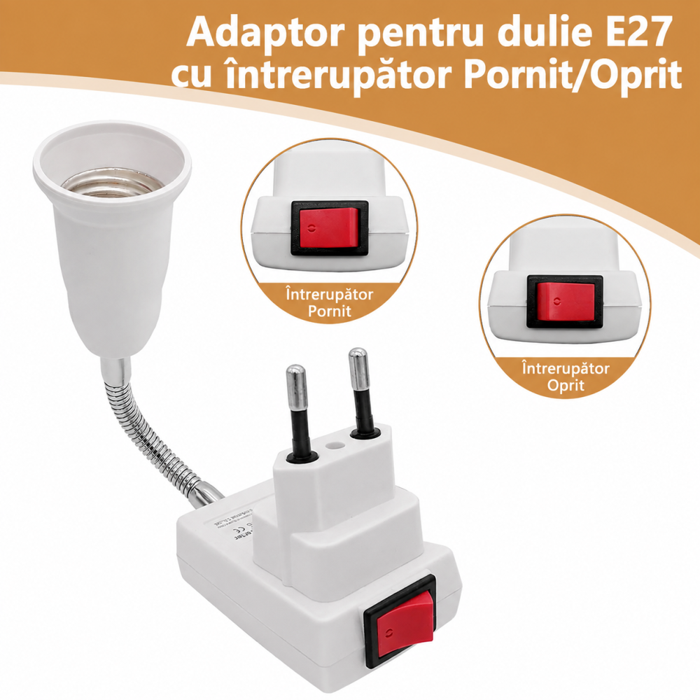 Adaptor alb 21 cm pentru dulie E27, brat flexibil 9 cm rotativ 360°, stecher european si intrerupator Pornit/Oprit, suport bec pentru priza [2]