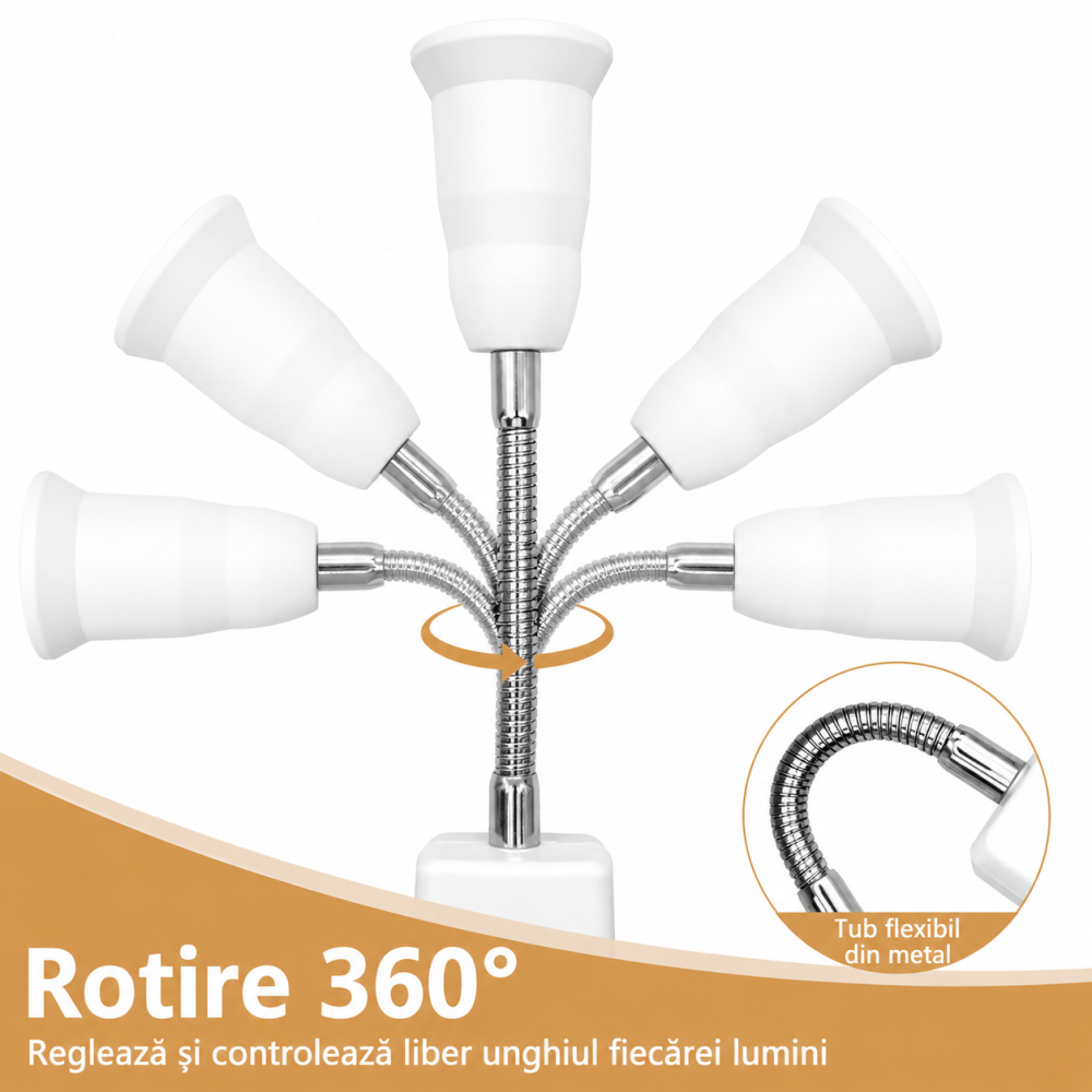 Adaptor alb 21 cm pentru dulie E27, brat flexibil 9 cm rotativ 360°, stecher european si intrerupator Pornit/Oprit, suport bec pentru priza [3]