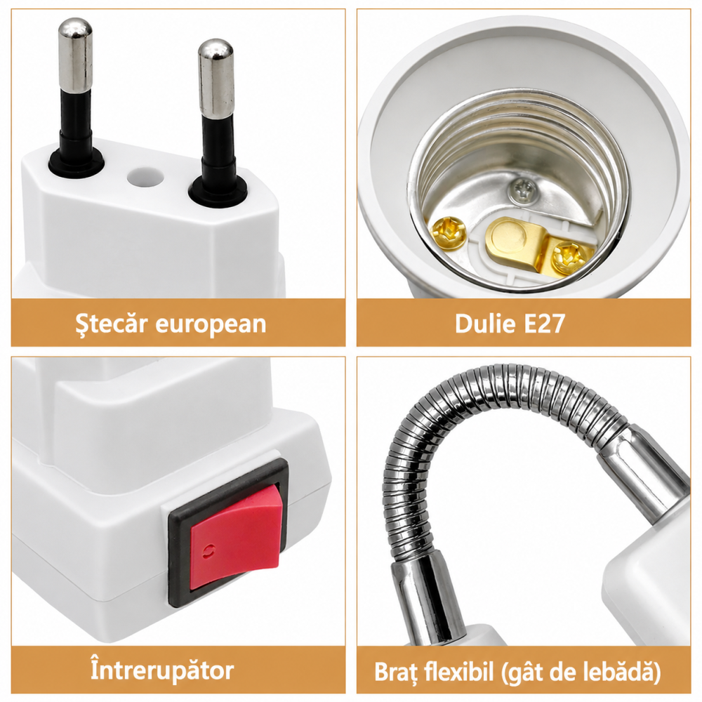 Adaptor alb 21 cm pentru dulie E27, brat flexibil 9 cm rotativ 360°, stecher european si intrerupator Pornit/Oprit, suport bec pentru priza [4]